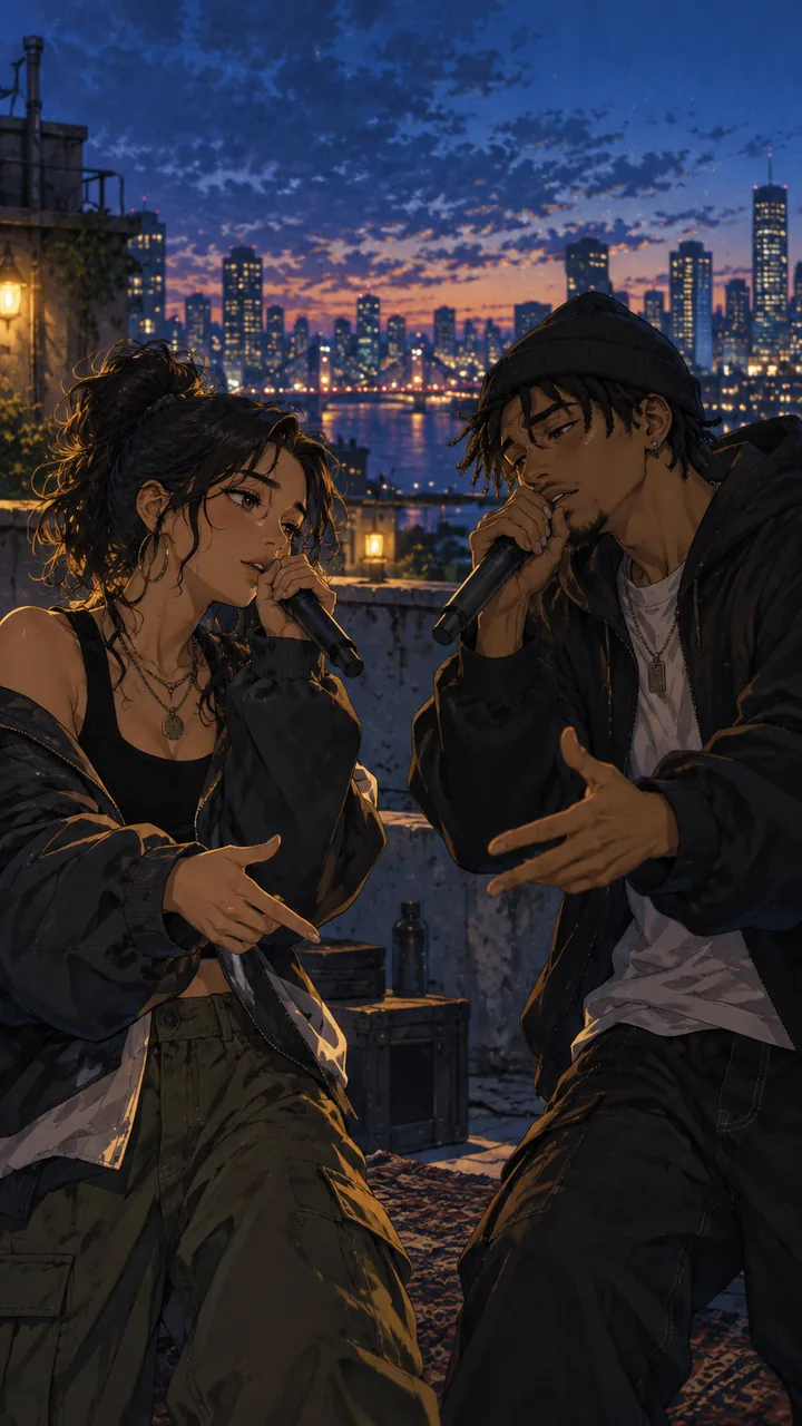 Concept illustration of two fictional adult rappers performing an emotional duet on a rooftop at blue hour.