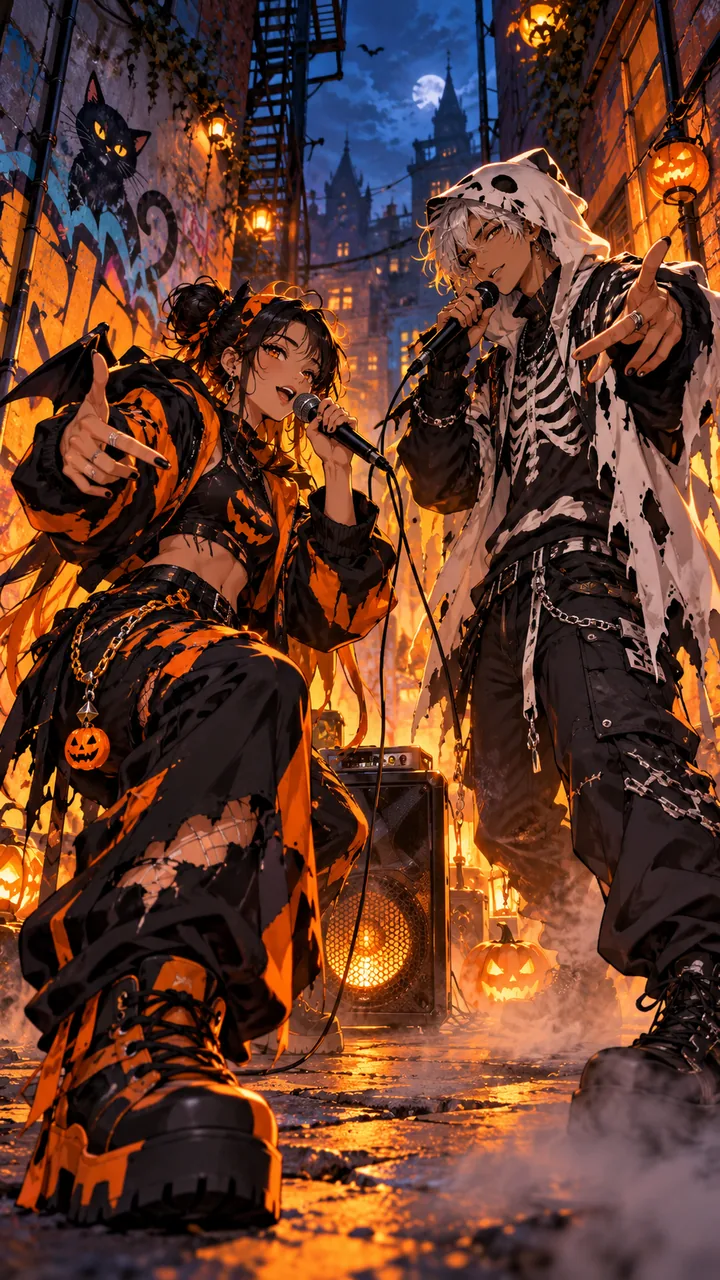 Concept illustration of two fictional adults in original Halloween streetwear performing a playful rap cypher.