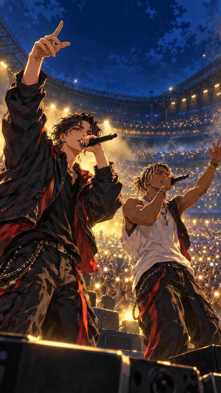 Concept illustration of two fictional adult rappers leading a stadium crowd under warm stage lights.