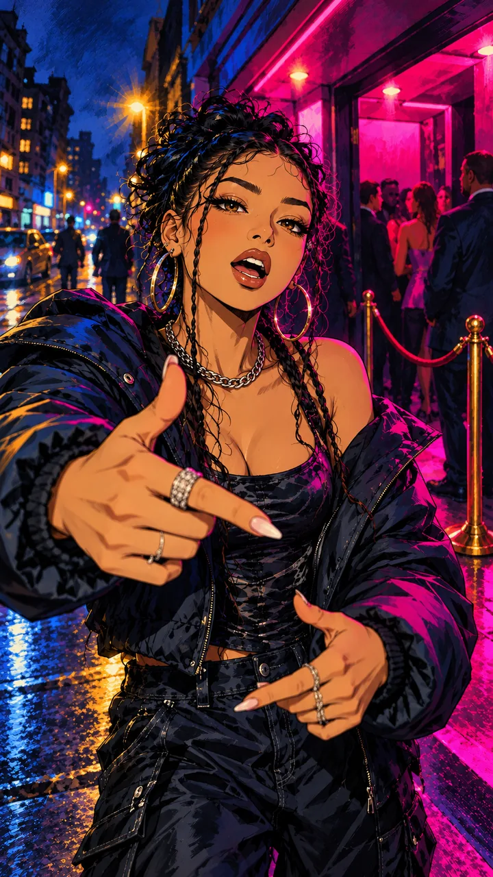 Concept illustration of a fictional adult rapper freestyling outside a nightclub under magenta lights.